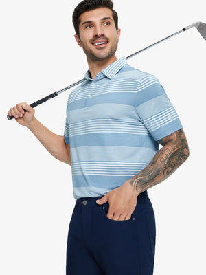 Half-body front view of model holding golf club wearing BLUE WHITE STRIPE Performance Yarn Dye Striped Polo