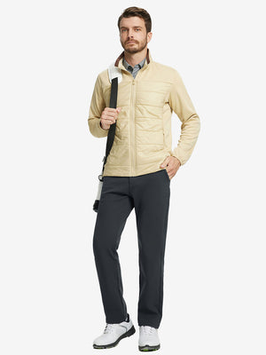 Full body model with bag, wearing water-resistant fleece lined pants in dark grey outdoors