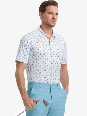 MAELREG Men's Performance Jersey Print Polo in White Golf – front half-body with golf pose