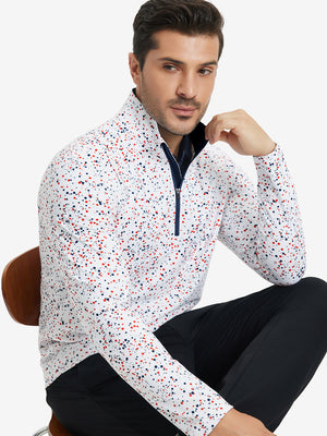Model front upper body wearing Full print lightweight quarter zip pullover in sleek white polka dots