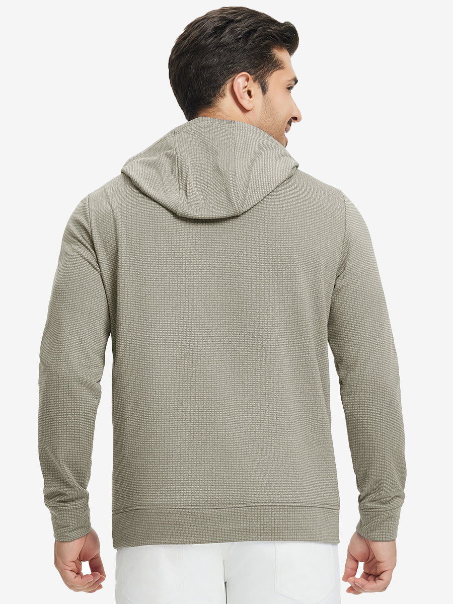 Back upper view of model in warm fleece golf hoodies pullover  dust beige.