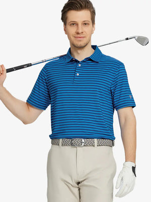 Front half-body shot holding golf club in Dark Blue Yarn Dyed Stripe Polo – sleek and smart