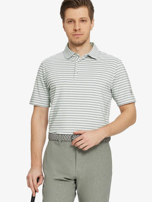 Front half-body shot holding golf club in Grey White Yarn Dyed Stripe Polo – cool and refined