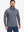Front upper body shot of model wearing misty blue white grid featherweight midlayer quarter zip pullover