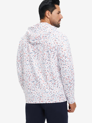 Back upper body view of trendy print fleece hoodies, showing structure and white polka dots tone