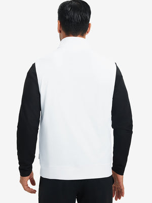 Back upper body view of the white print collar quarter zip golf vest, clean cut and relaxed posture.