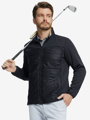 Model holding golf club, dressed in Golf Fleece Thermal Winter Jacket in black, sporty design.