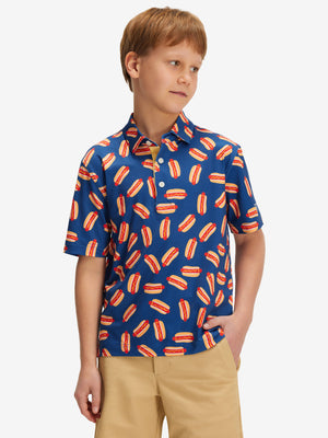 Front half-body of boy in hot dog performance print boys golf polo
