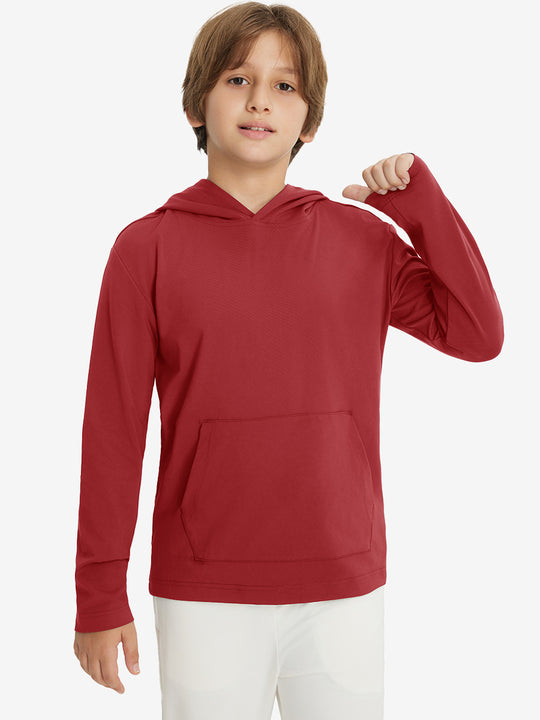 Front upper body view of youth long sleeve hoodied with kangaroo pocket in red, casual fit.