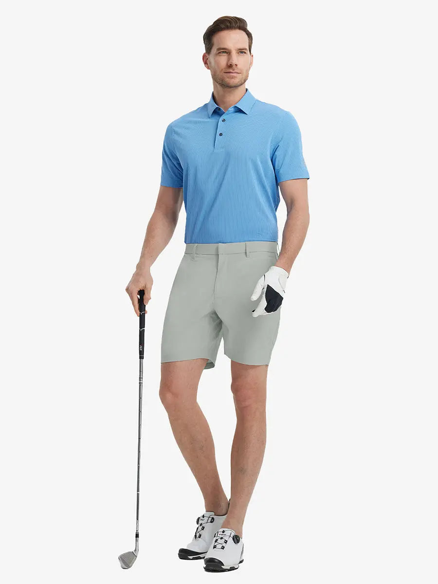 Full-body front shot of model holding golf club, wearing Player Fit Versatile Solid Shorts 7 Inch – NEUTRAL GREY