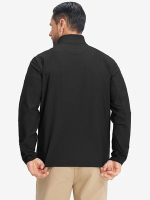 Back view of lightweight water-resistant outerwear jacket on model, showing black design