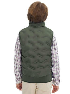 Back view of boys full-zip fleece-lined puffer vest showing smooth fleece texture in army green