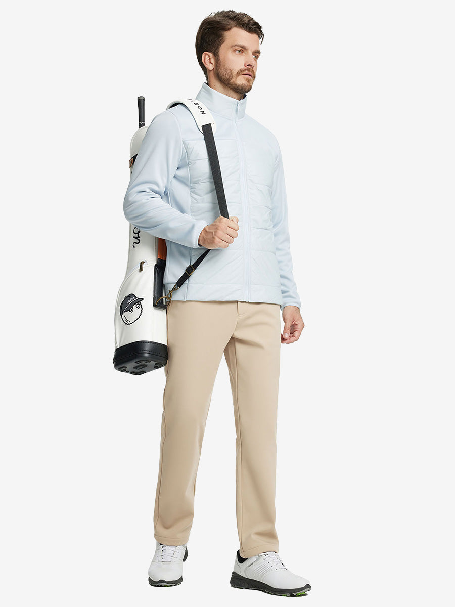 KHAKI Water-Resistant Fleece Lined Pants, full-body front view carrying golf bag