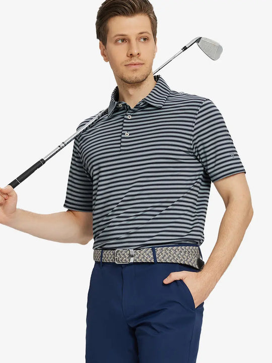 Front half-body shot holding a golf club in Navy Grey Yarn Dyed Stripe Polo – clean, confident look