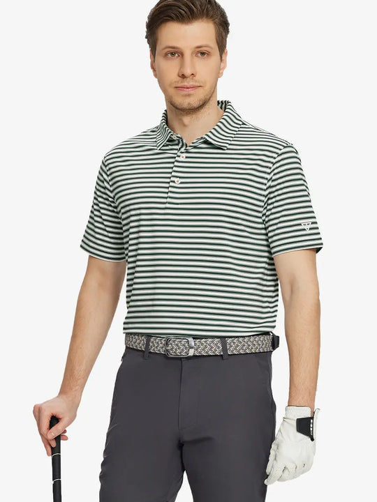 Front half-body shot holding a golf club in Olive Green White Yarn Dyed Stripe Polo – sporty and sharp
