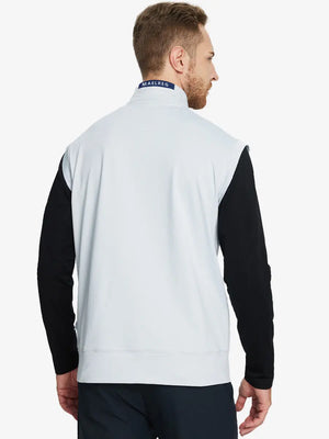 Back half-body view of model in GREY MIST Stretch Solid Fleece Quarter-Zip Vest.								
