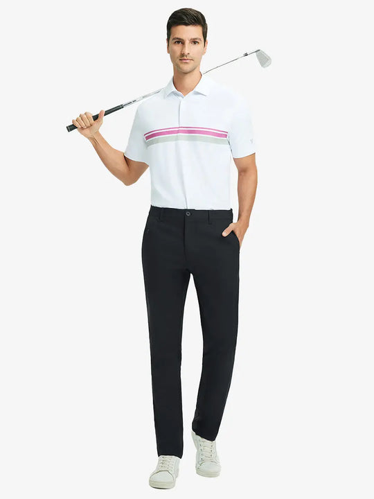 Full front view of model in Water Repellent 8 Pockets Pants BLACK，ready for golf with club in hand.