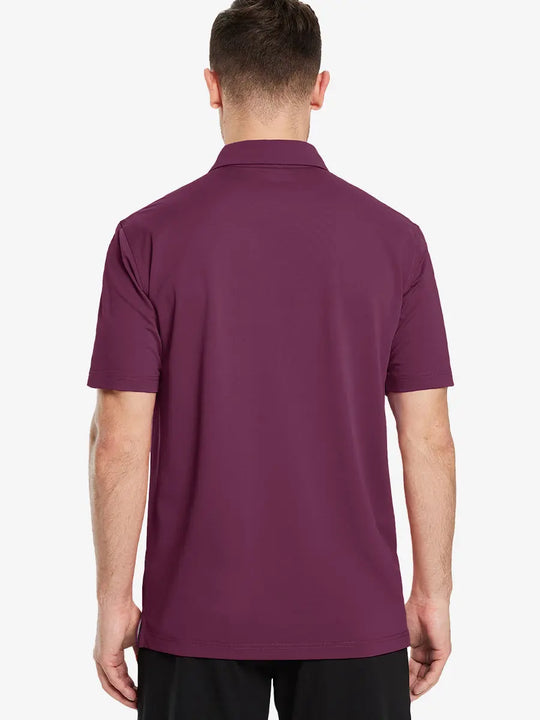 Back view half-body of model in BORDEAUX RED Ventilated Pique Performance Polo