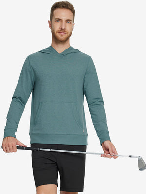 Model holding a golf club, dressed in the Aqua Heather Athletic Golf Hoodie with a sleek fit.