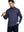Half-body front view of model holding golf club in Pinstripe Quarter Zip Pullover – NAVY MELANGE