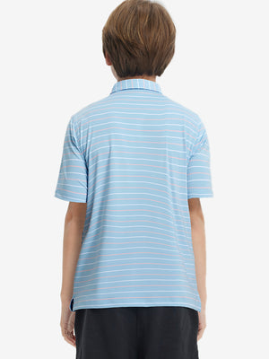 Back upper body of model in trendy boys stripe polo shirts, showing silhouette and misty blue stripe tone