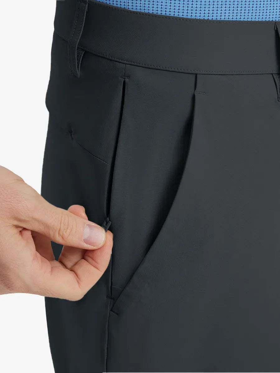 Close-up of right front pocket with zipper being opened on Player Fit Versatile Solid Shorts 7 Inch – DARK GREY