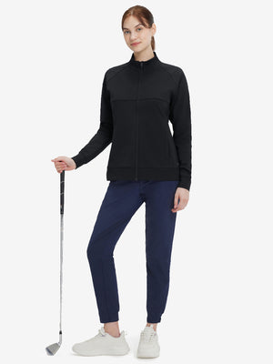 Women's Water-Resistant Stretch Fleece Lined Jacket in black, model holding golf club 