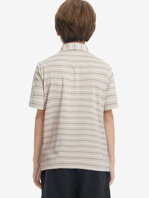 Back upper body view of kids stylish stripe polo shirts, showing pattern and light khaki stripe tone