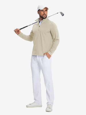 Model holding golf club wearing Fleece lined golf quarter zip in active taupe