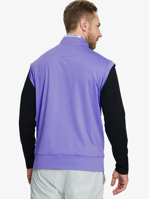 Back half-body view of model in LAVENDER Stretch Solid Fleece Quarter-Zip Vest.								
