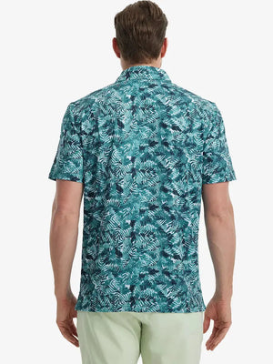 Back view of MAELREG Men's Performance Jersey Print Polo in Dark Green Leaf – athletic fit