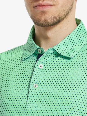 MAELREG Men's Performance Jersey Print Polo – Front chest view in Green Navy Dot