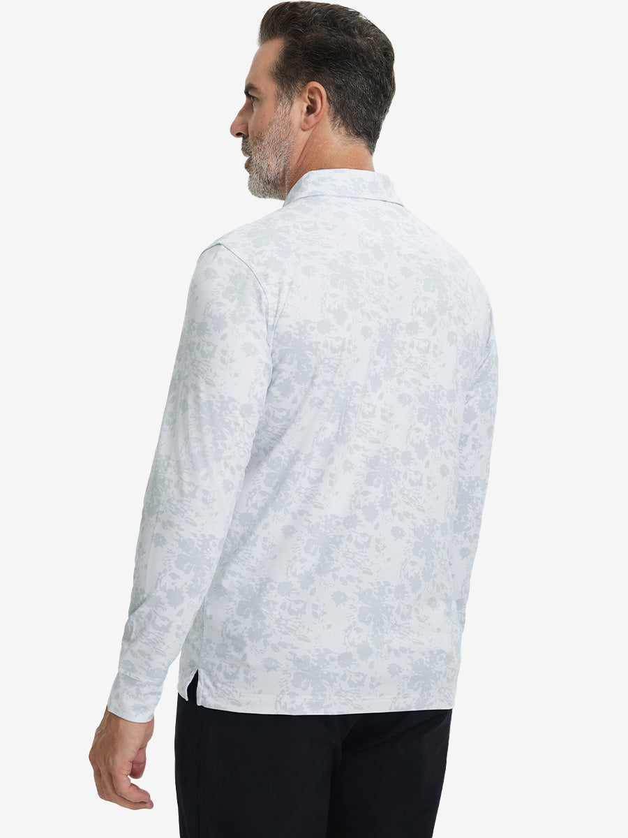 Back upper body view of the lightweight print polo in gray ink splash, model turns slightly with relaxed pose.