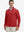 Front upper body view of model wearing lightweight golf quarter zip pullover in red, relaxed fit.