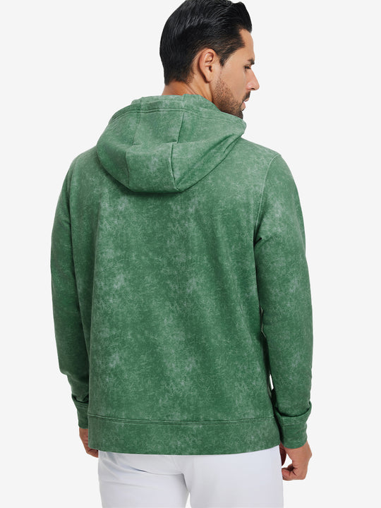 Back upper look of the exclusive print kangaroo hoodies in green, showing fit and shoulder line.