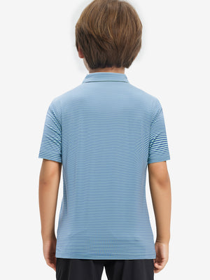 Back half-body view of youth wearing green ash stripe performance cooling polo, showing rear design