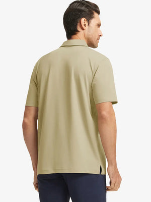 Back half-body view of model in DARK KHAKI Stylish Chest Print Snap Polo