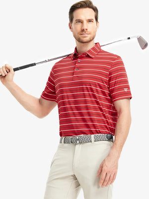 Model in RED STRIPE Golf Polo holding club — dynamic front half-body pose