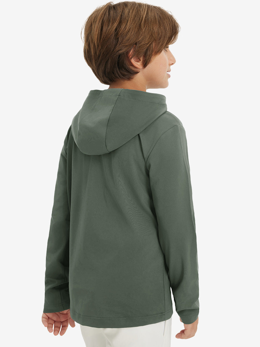 Back upper view of youth long sleeve hoodied with kangaroo pocket in olive green, showing fit and shoulders.