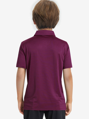 Back half-body view of youth wearing maroon stripe performance cooling polo, showing rear design
