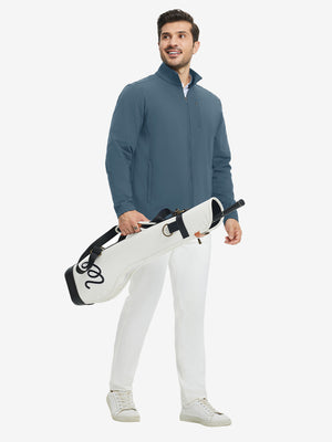 Lightweight casual fleece jacket with 5 pockets, bluish grey, full body golf scenes with bag