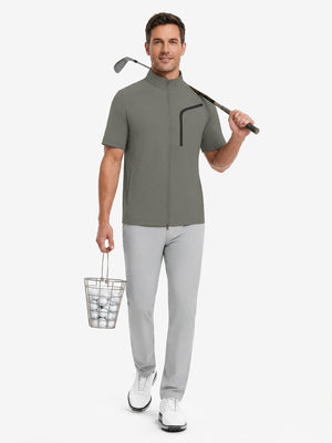 Full body model holding golf equipment, lightweight upf50+ short sleeve golf vests jacket in khaki grey
