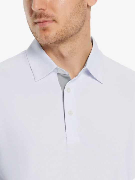 Model front close-up from nose to chest wearing WHITE Ventilated Pique Performance Polo
