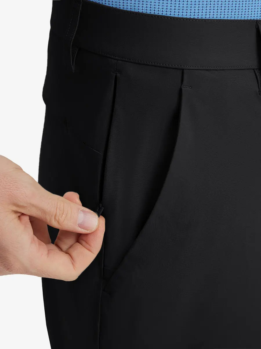 Close-up of right front pocket with zipper being opened on Player Fit Versatile Solid Shorts – BLACK