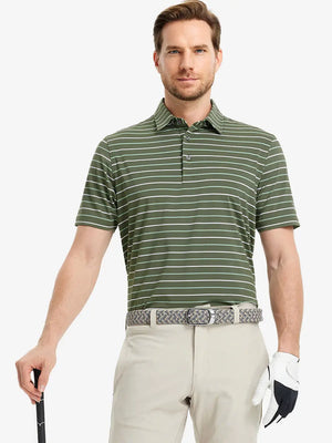 Model in OLIVE GREEN STRIPE Golf Polo holding club — dynamic front half-body pose