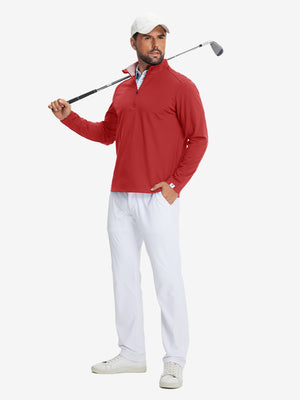 Model holding golf club wearing Fleece lined golf quarter zip in active red