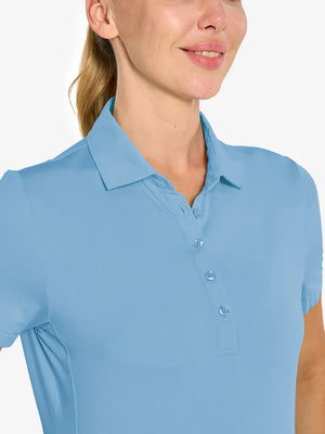 Close-up front view from nose to chest in SKY BLUE Women's Performance Solid Polo