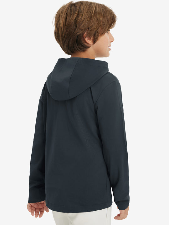 Back upper view of youth long sleeve hoodied with kangaroo pocket in dark grey, showing fit and shoulders.