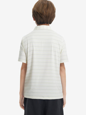 Back upper body of model in trendy boys stripe polo shirts, showing silhouette and beige stripe tone