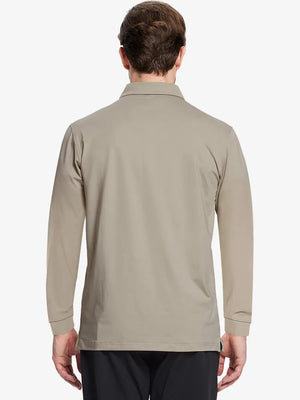Back half-body view of model wearing DARK KHAKI Long Sleeve Solid Jersey Polo